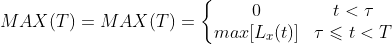 MAX(T)=MAX(T)=\left\{\begin{matrix}0&t<\tau\\max[L_x(t)]&\tau\leqslant t<T\end{matrix}\right.